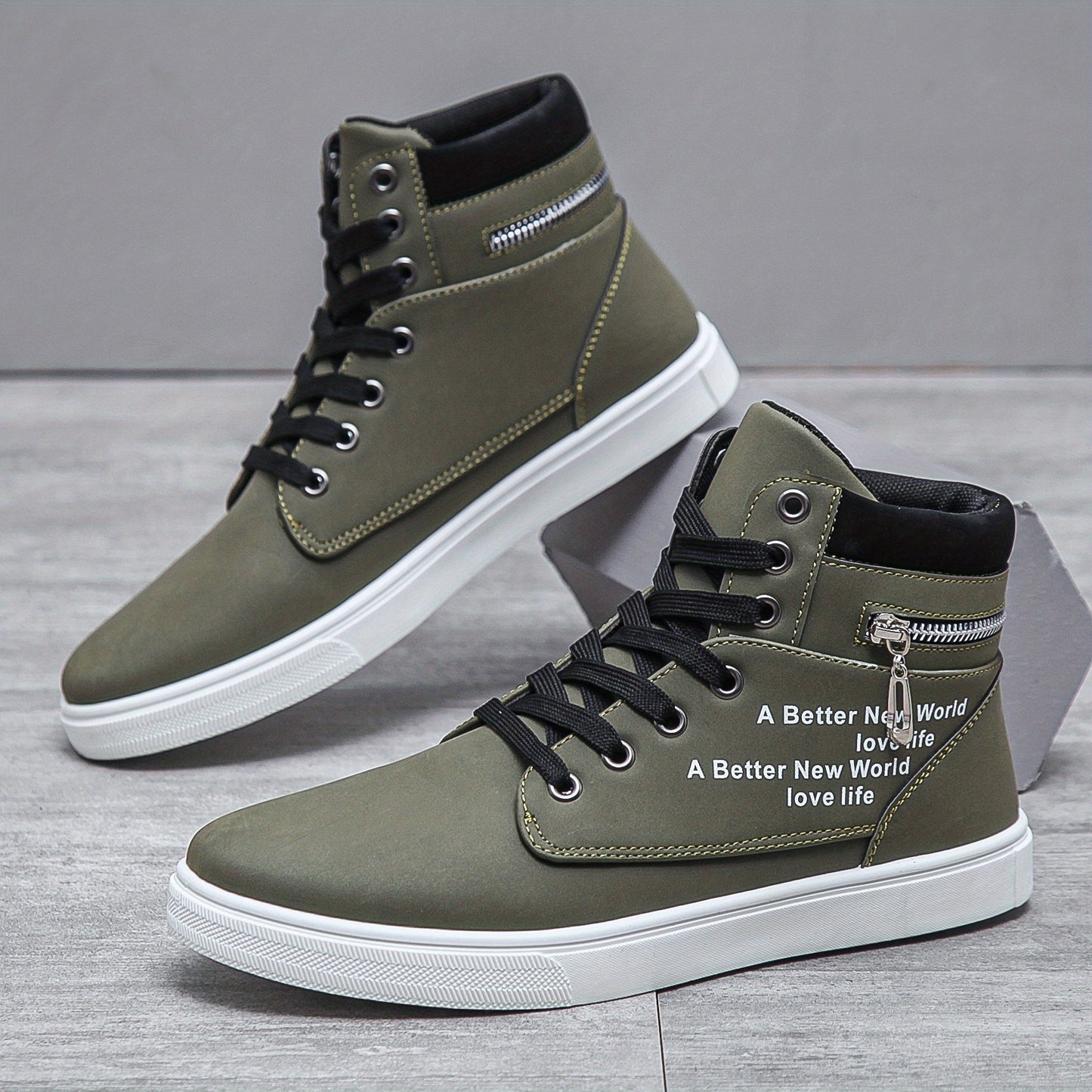 Men's Lace-up Sneakers High Top, Zipper Skate Shoes With Good Traction, Breathable