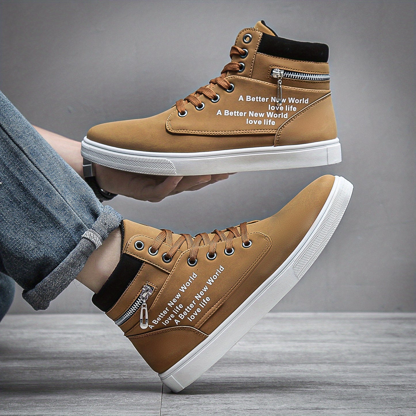 Men's Lace-up Sneakers High Top, Zipper Skate Shoes With Good Traction, Breathable