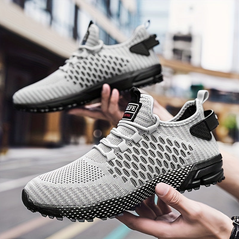 Men's Casual Geometric Print Breathable Mesh Lace-up Sneakers, Outdoor Anti-skid Shoes For Running Walking